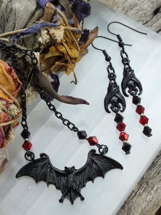 Red & Black Bat Necklace & Earring Set