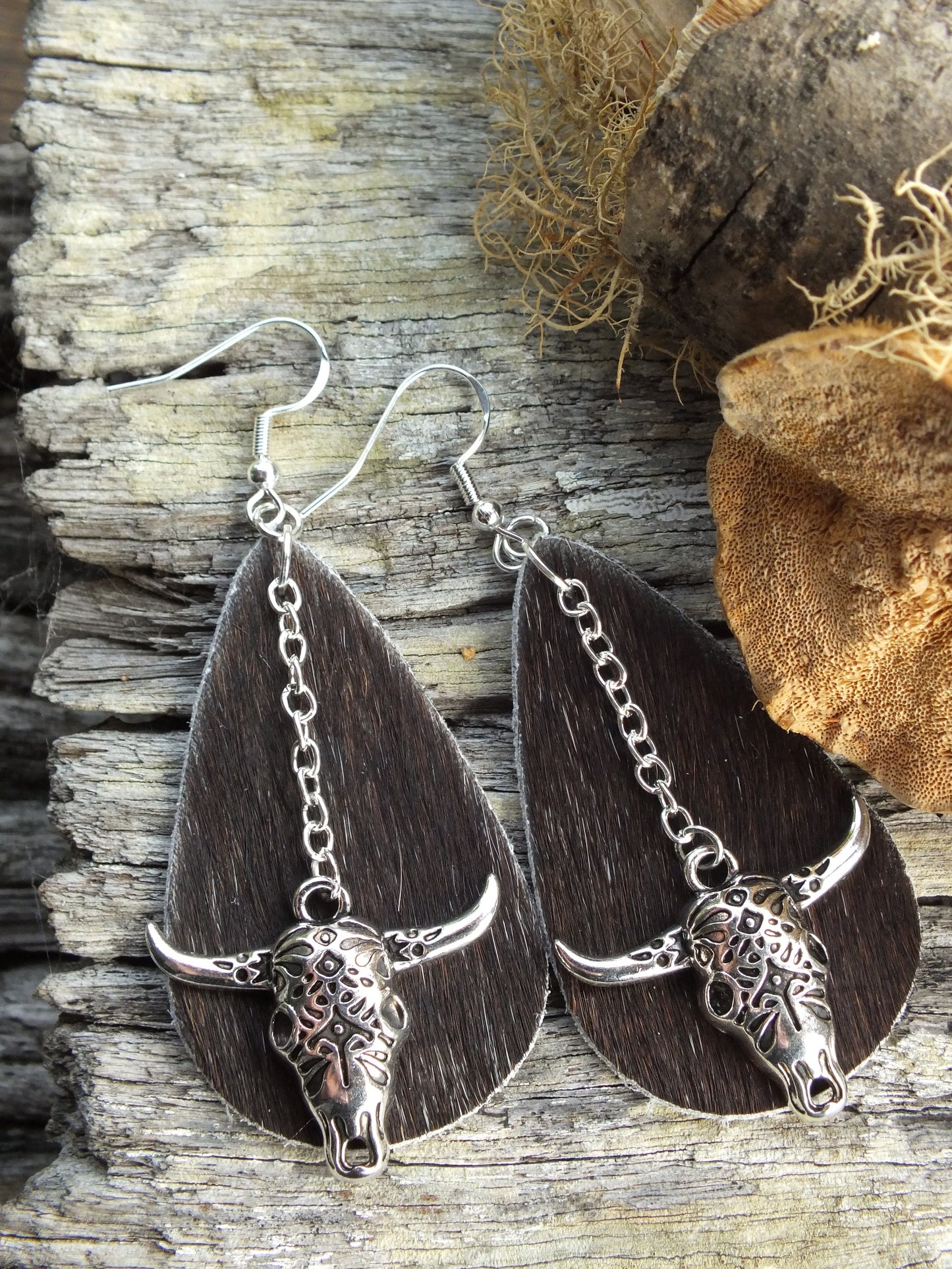 Teardrop Cattle Hide Skull Earrings