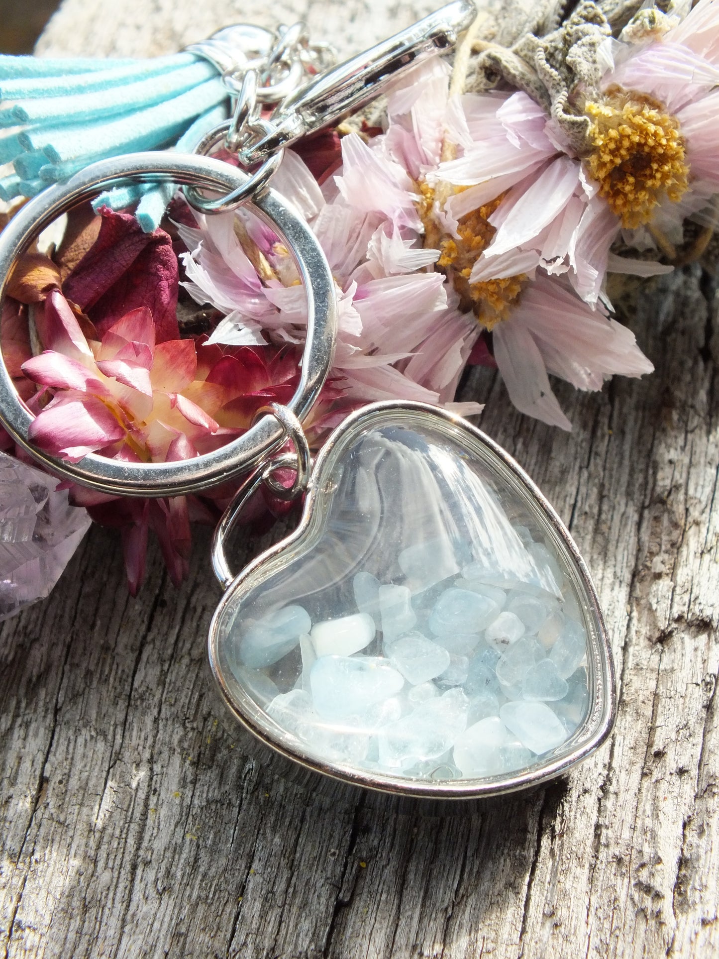 Aquamarine Chip Heart Keyring With Tassel & Heart Charm