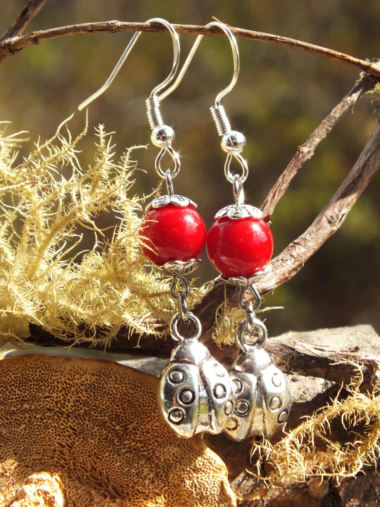 Red Coral & Ladybug Earrings