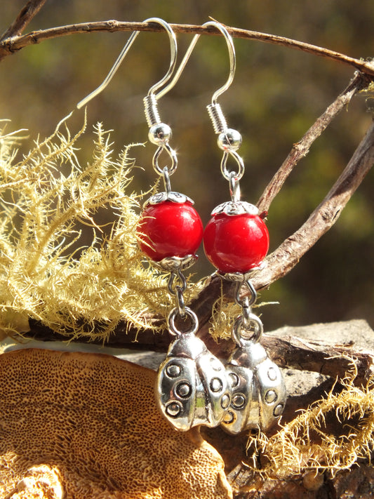 Red Coral & Ladybug Earrings