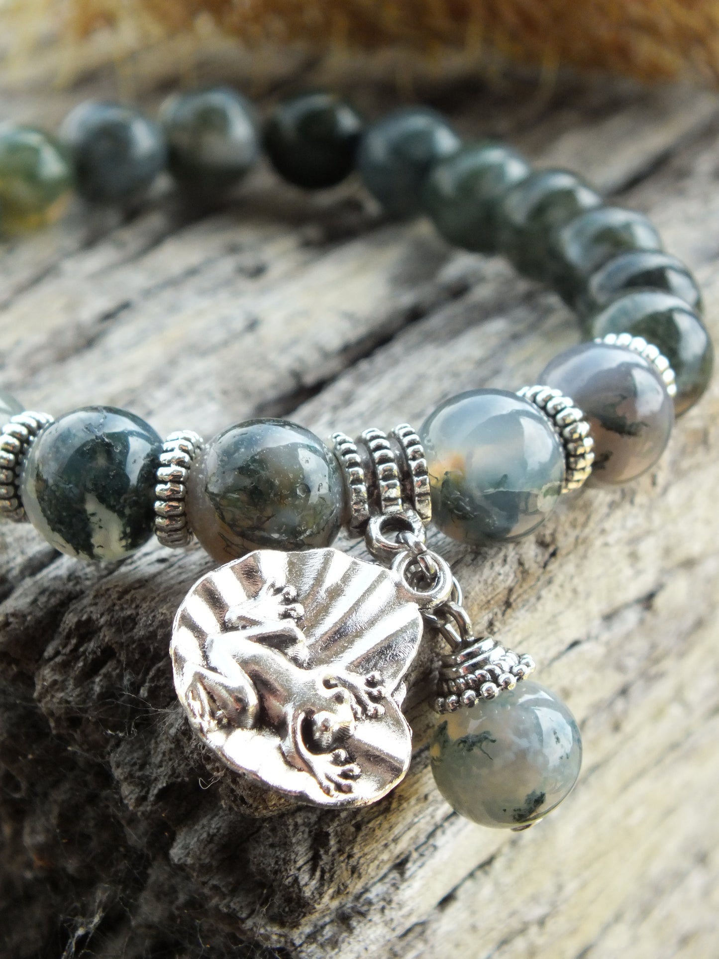 Moss Agate Lily Pad Frog Charm Bracelet