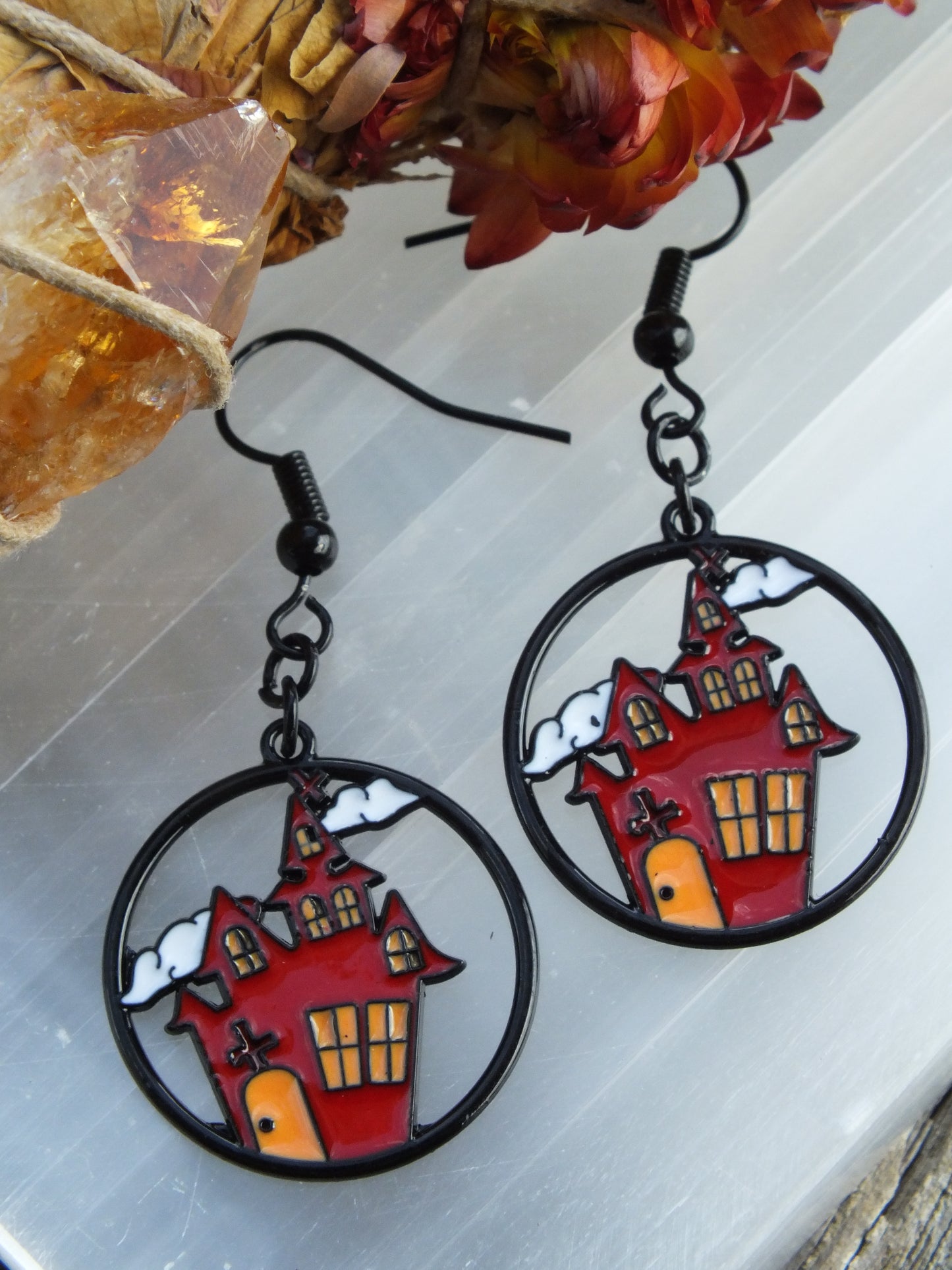 Black Enamel Haunted House Earrings