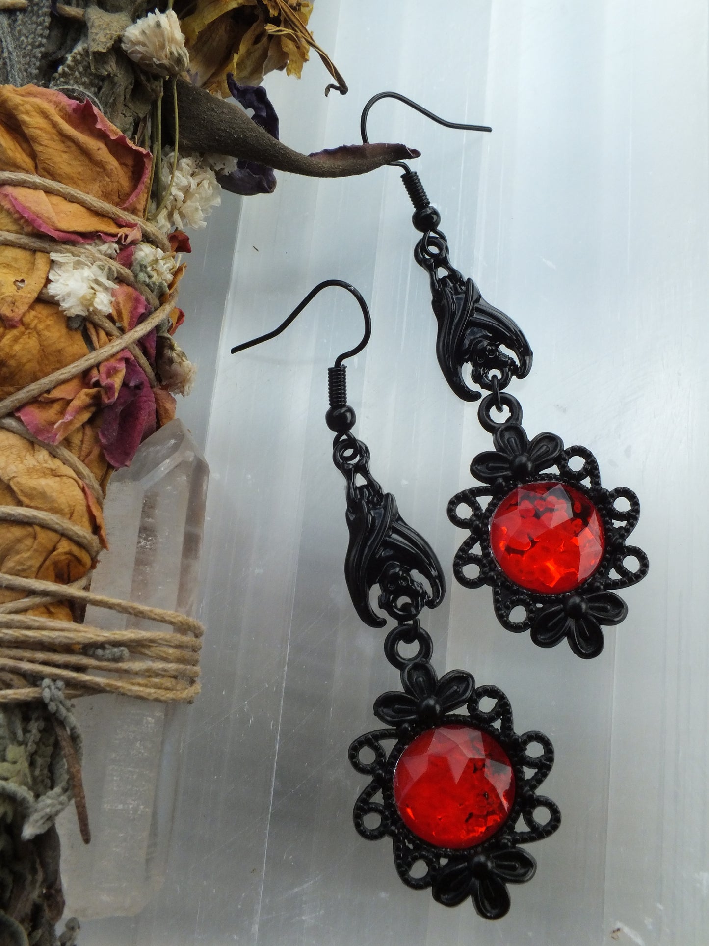 Gothic Costume Earrings With Bats Blood Red