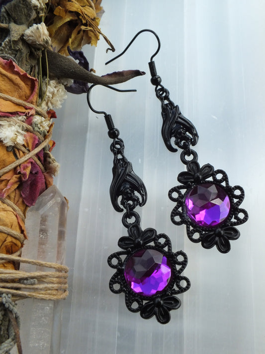 Gothic Costume Earrings With Bats Amethyst Purple
