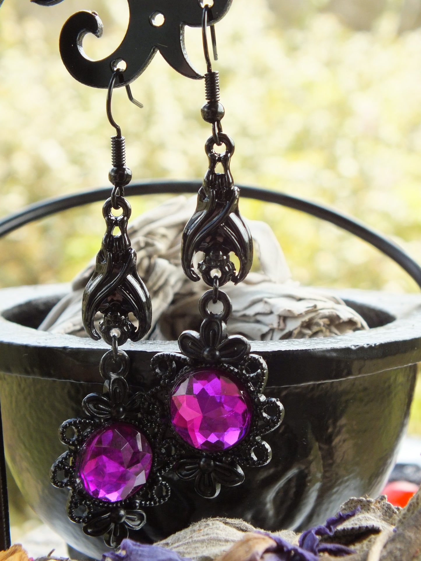Gothic Costume Earrings With Bats Amethyst Purple
