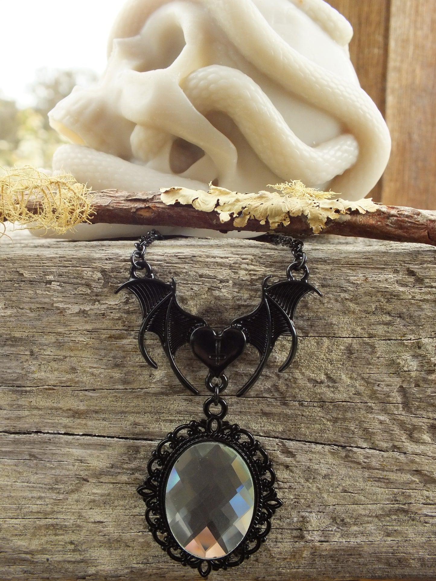 Gothic Bat Wing Costume Necklace Crystal Clear