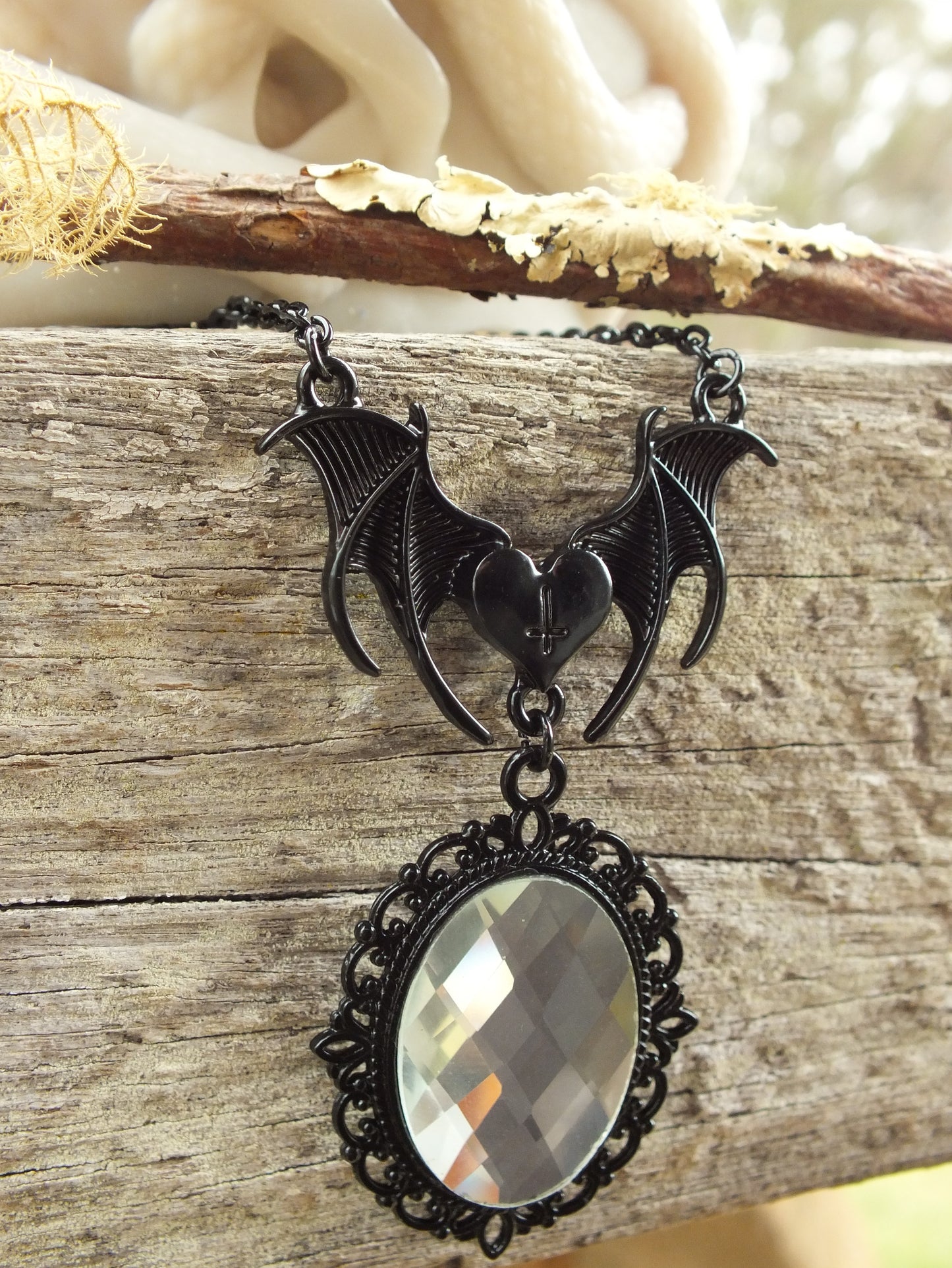 Gothic Bat Wing Costume Necklace Crystal Clear