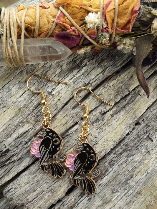 Crow with Pink Roses Earrings