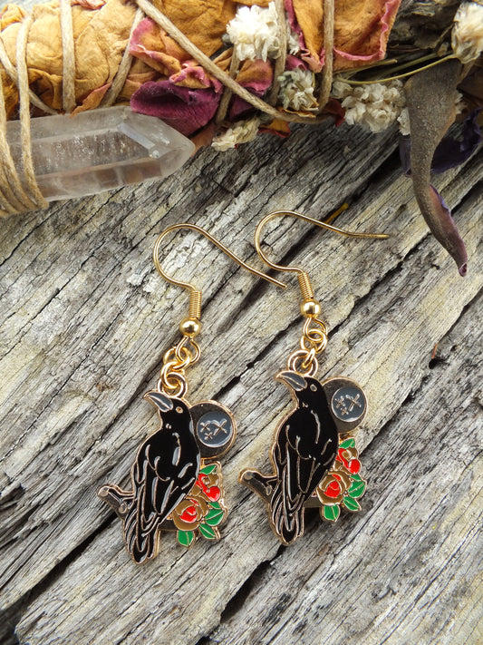 Crow With Red Roses Earrings