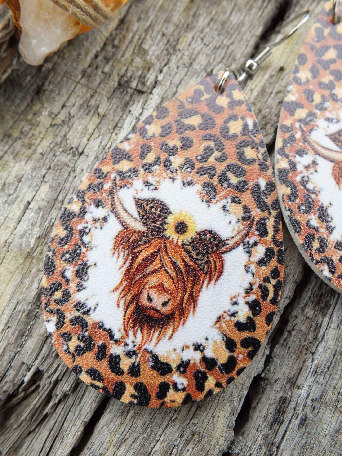 PU Leather Leopard Print Highland Cattle Earrings