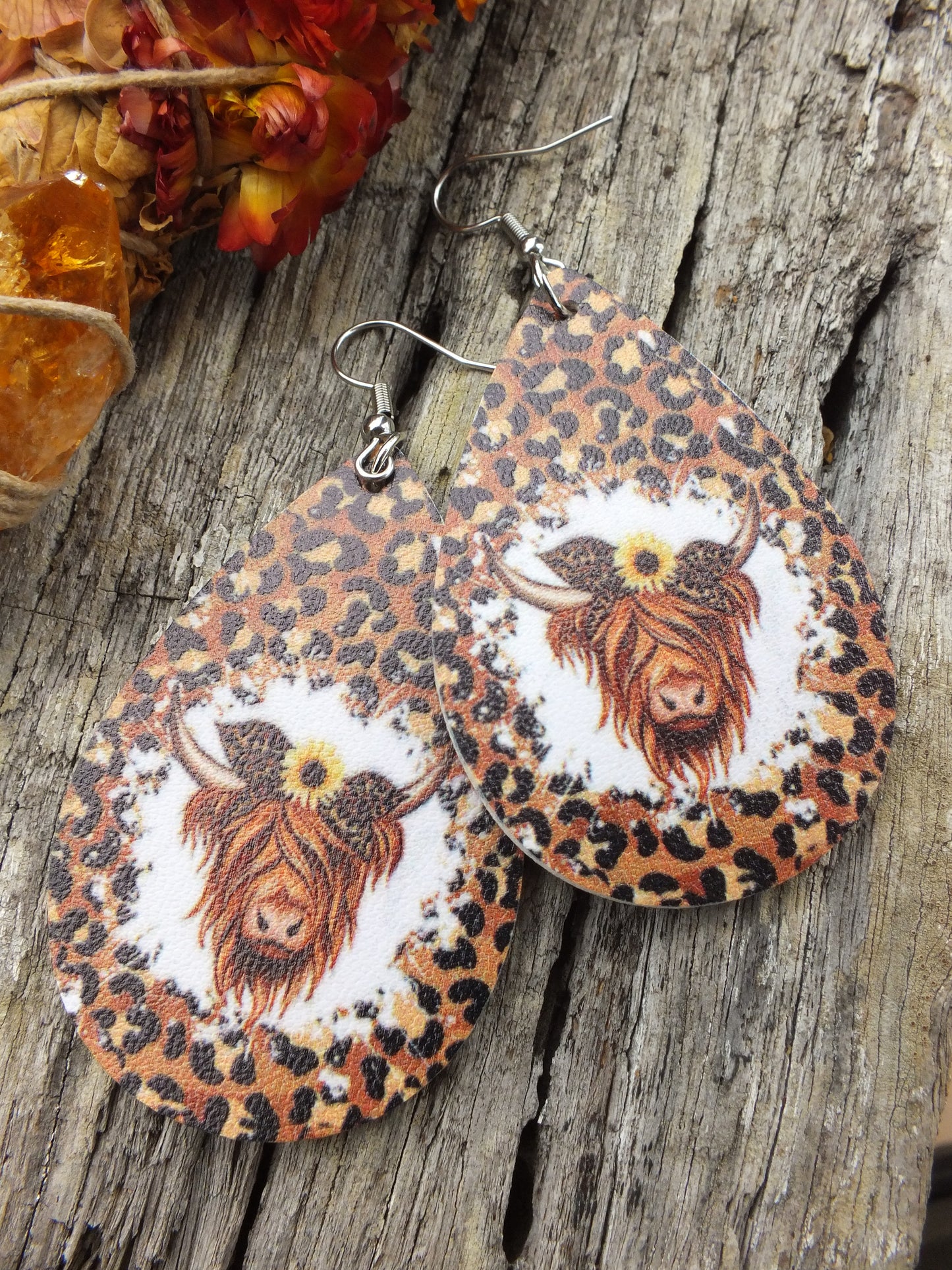 PU Leather Leopard Print Highland Cattle Earrings