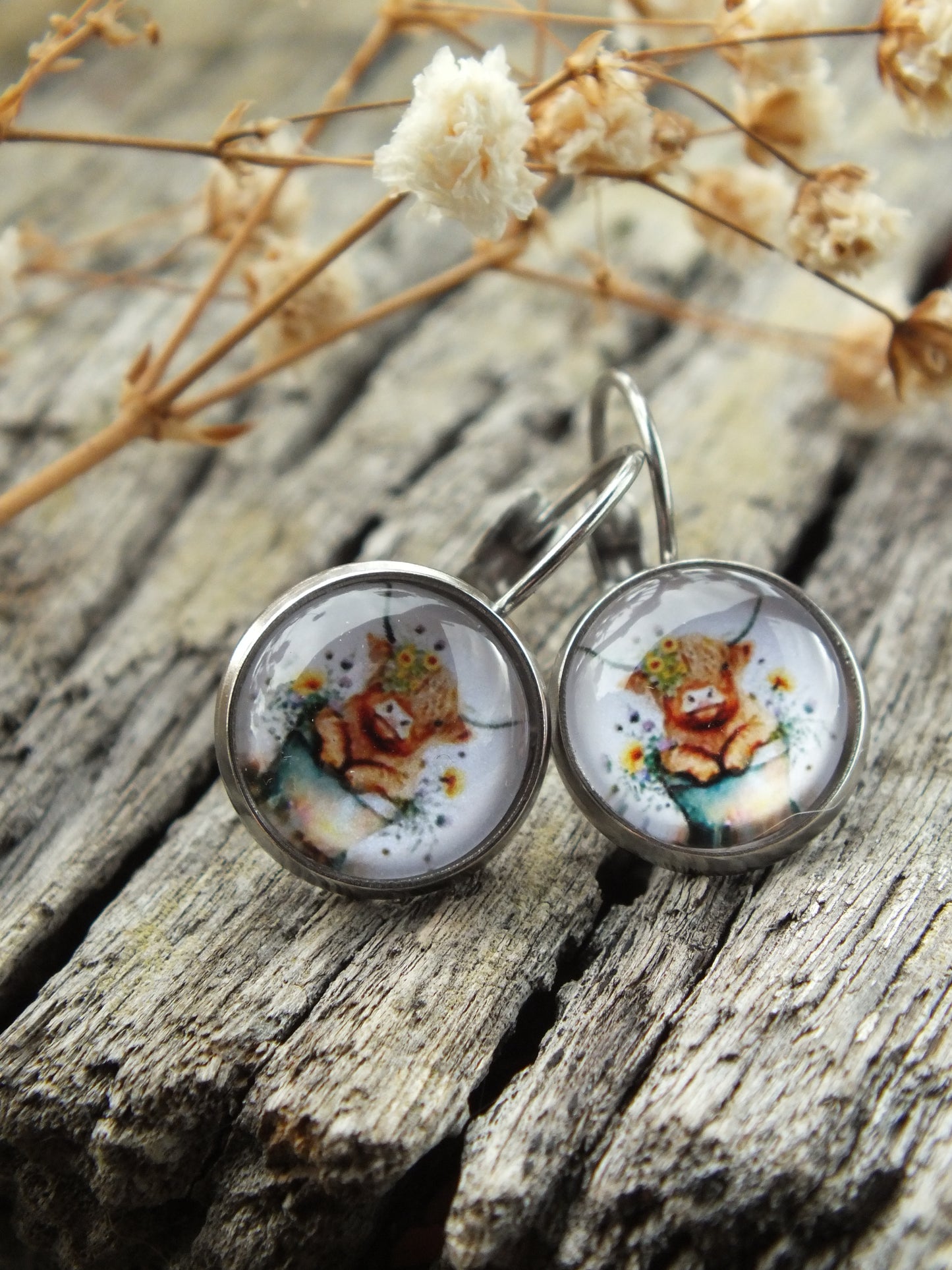 Cute Highland Cow Cabochon Earrings