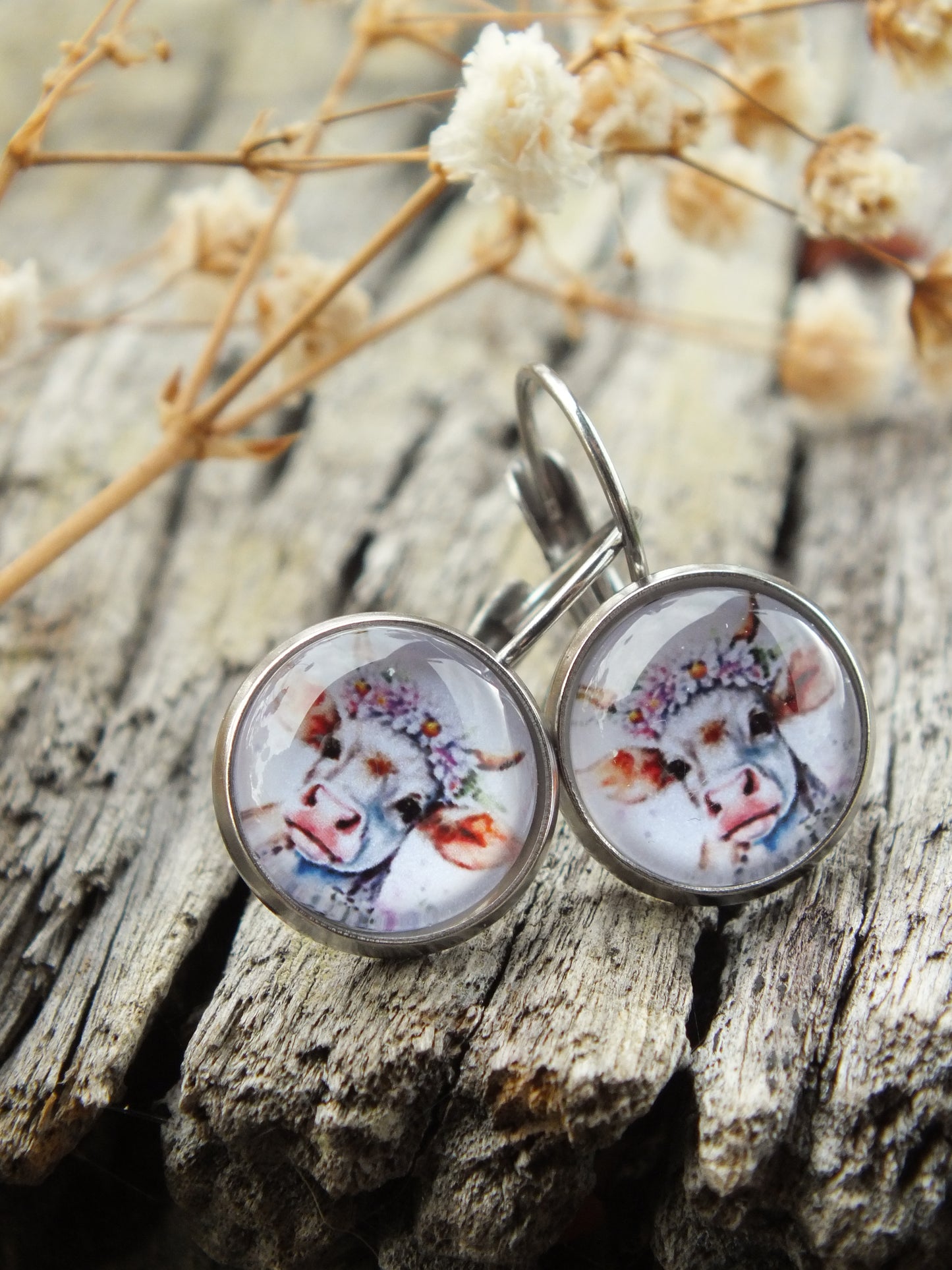 Cute Floral Cow Cabochon Earrings