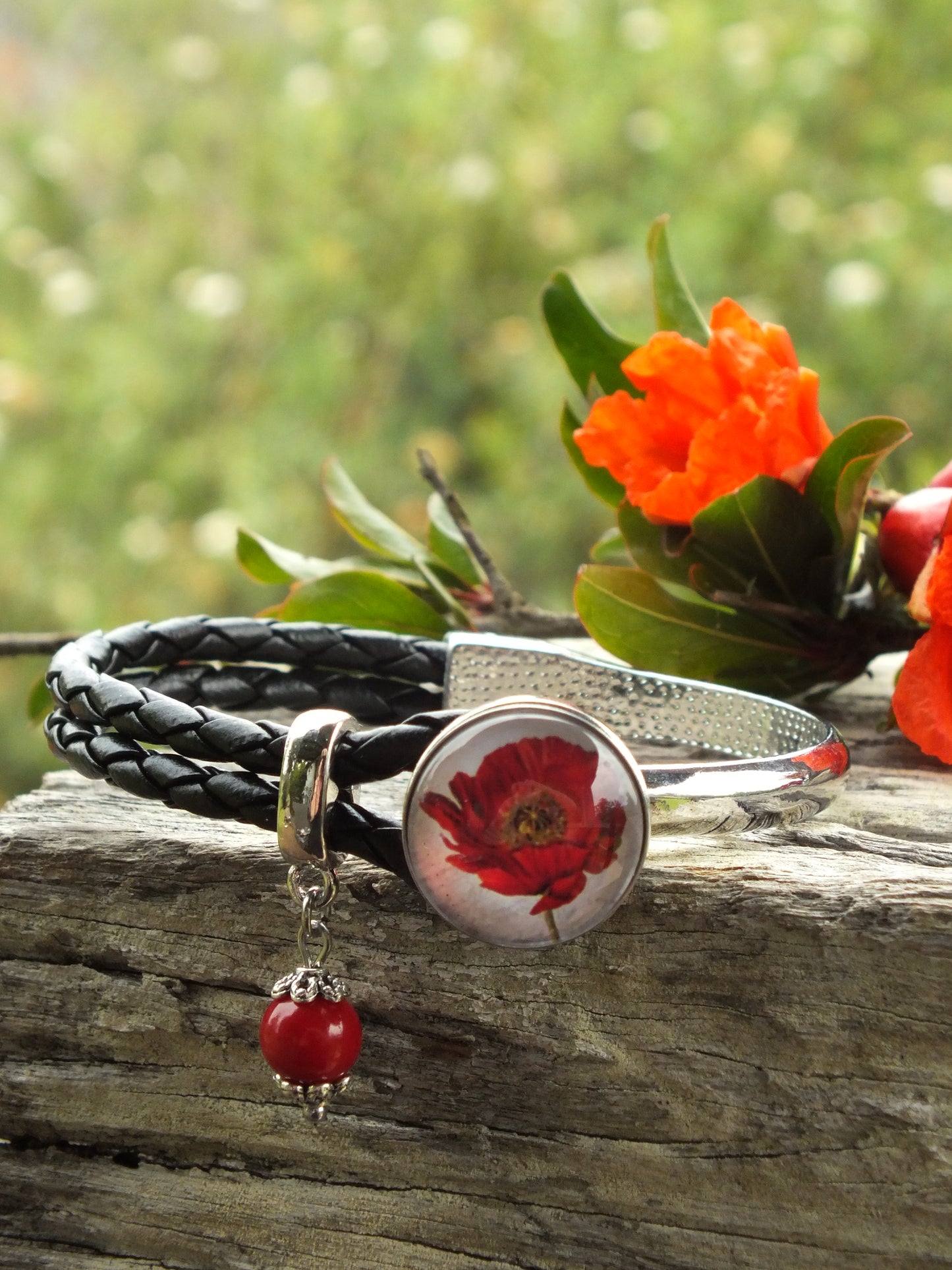 Leather & Metal Snap Button Bracelet With Red Coral Charm