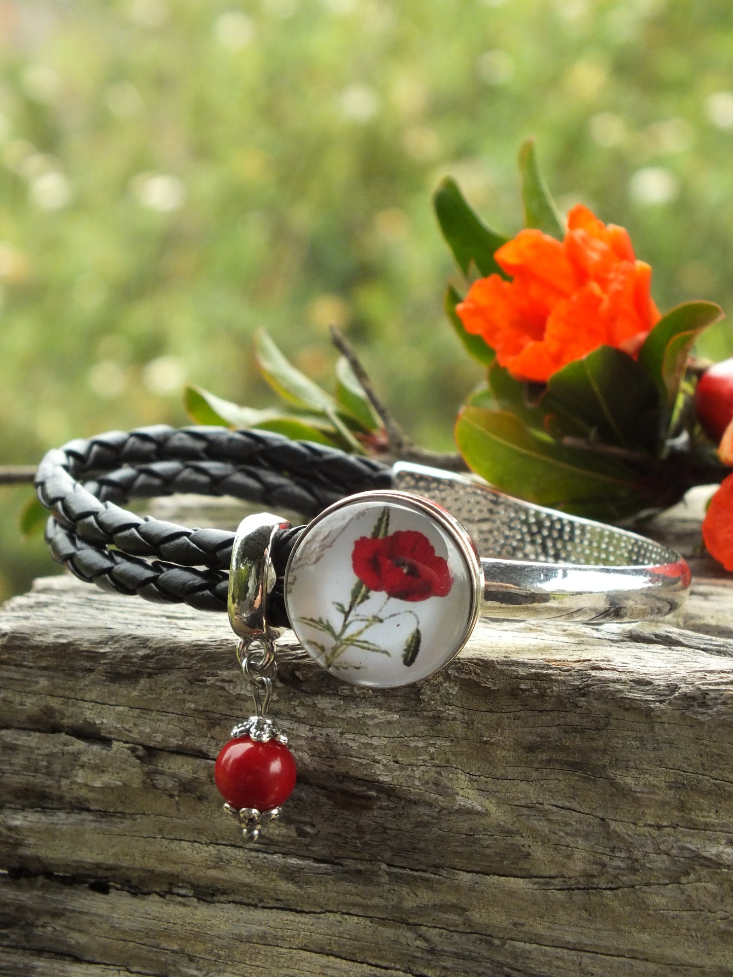 Leather & Metal Snap Button Bracelet With Red Coral Charm