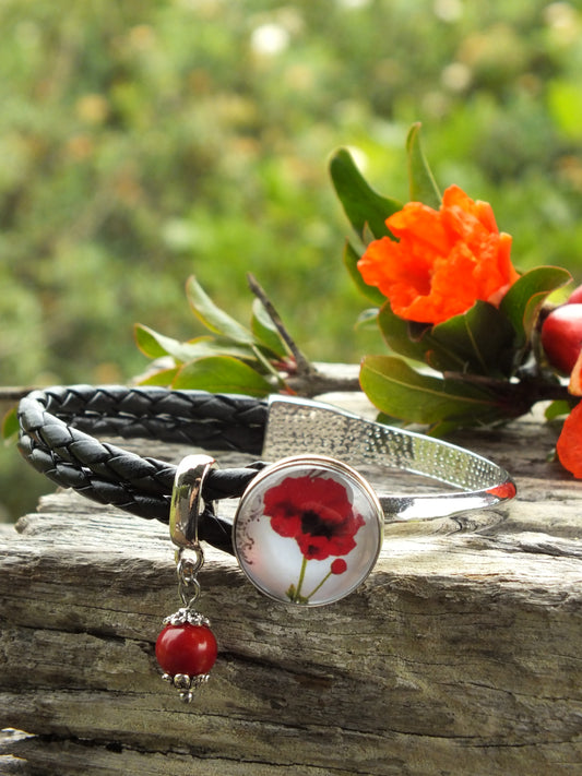 Leather & Metal Snap Button Bracelet With Red Coral Charm