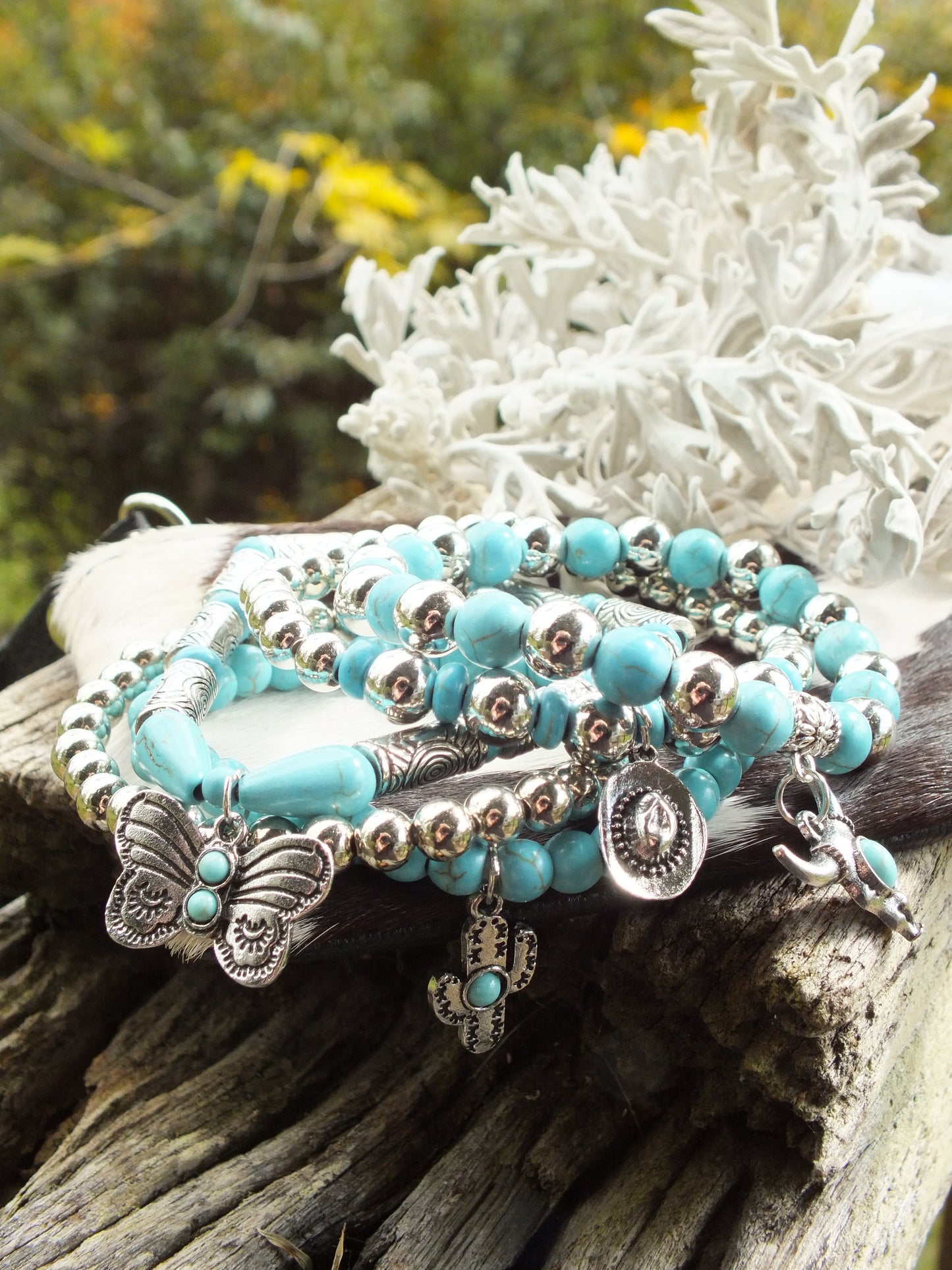 Turquoise & Silver Country Style 5 Bracelet Set