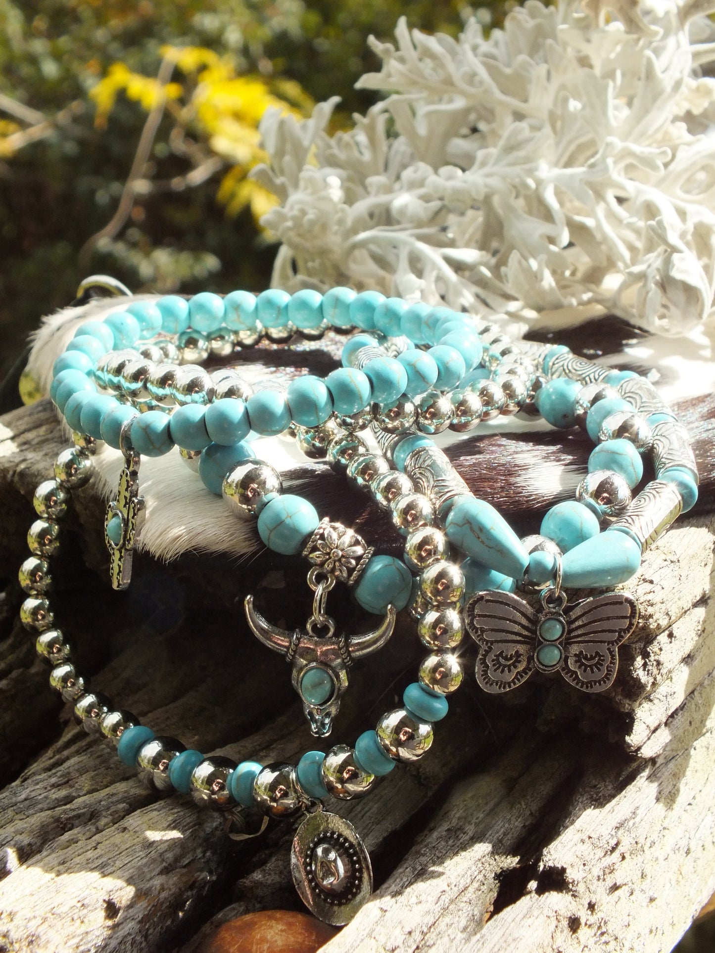 Turquoise & Silver Country Style 5 Bracelet Set
