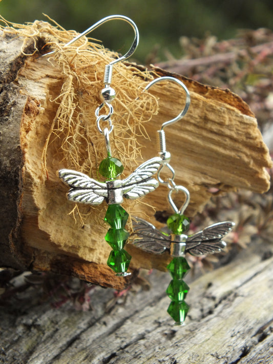 Crystal Dragonfly Earrings - Green