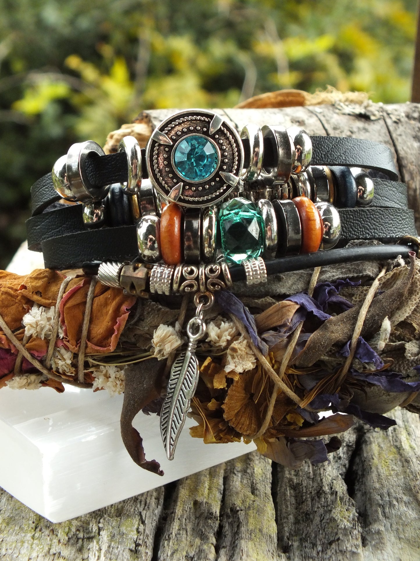Leather & Bead Snap Button Bracelet