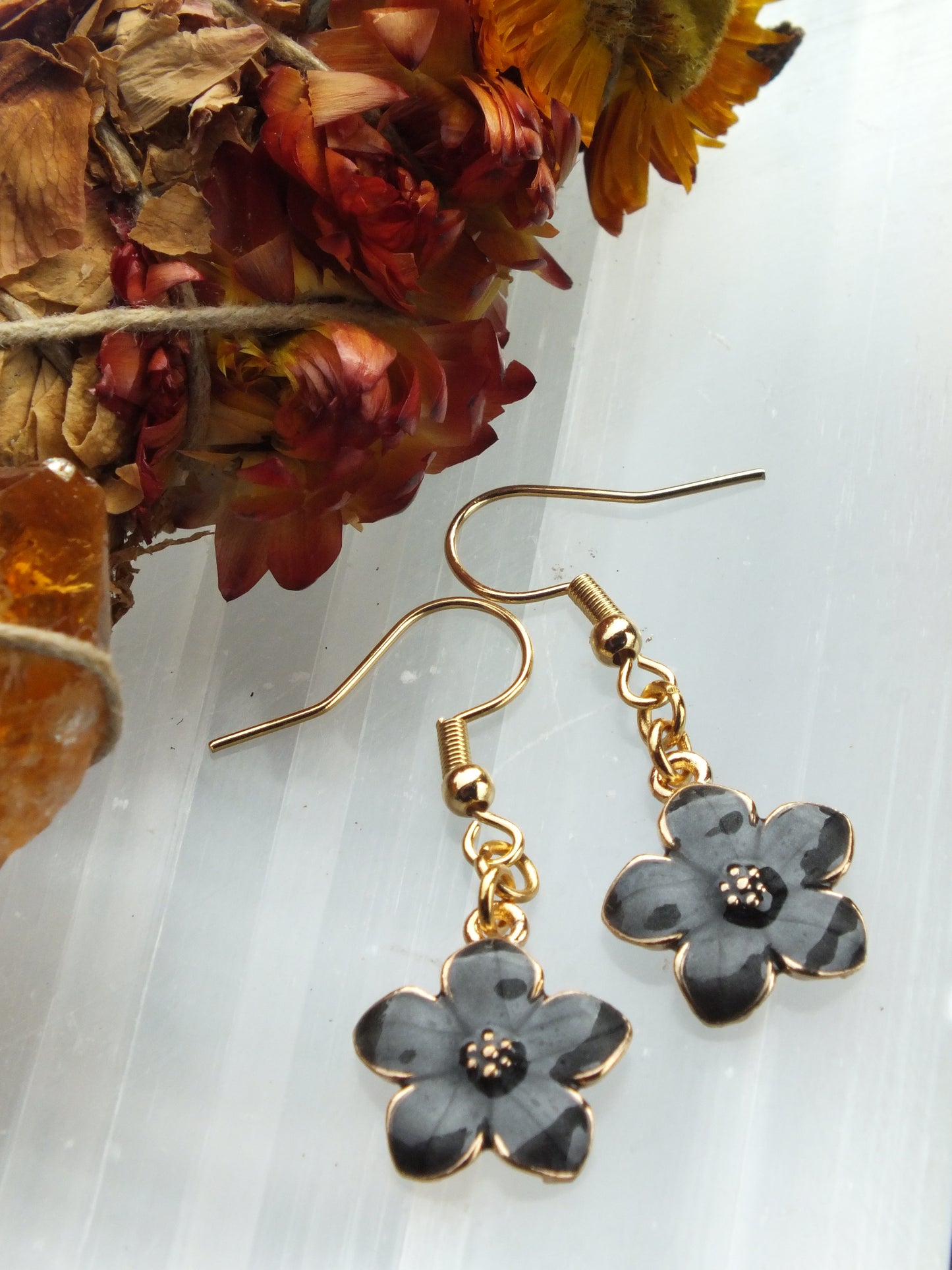 Black Enamel Flower Earrings