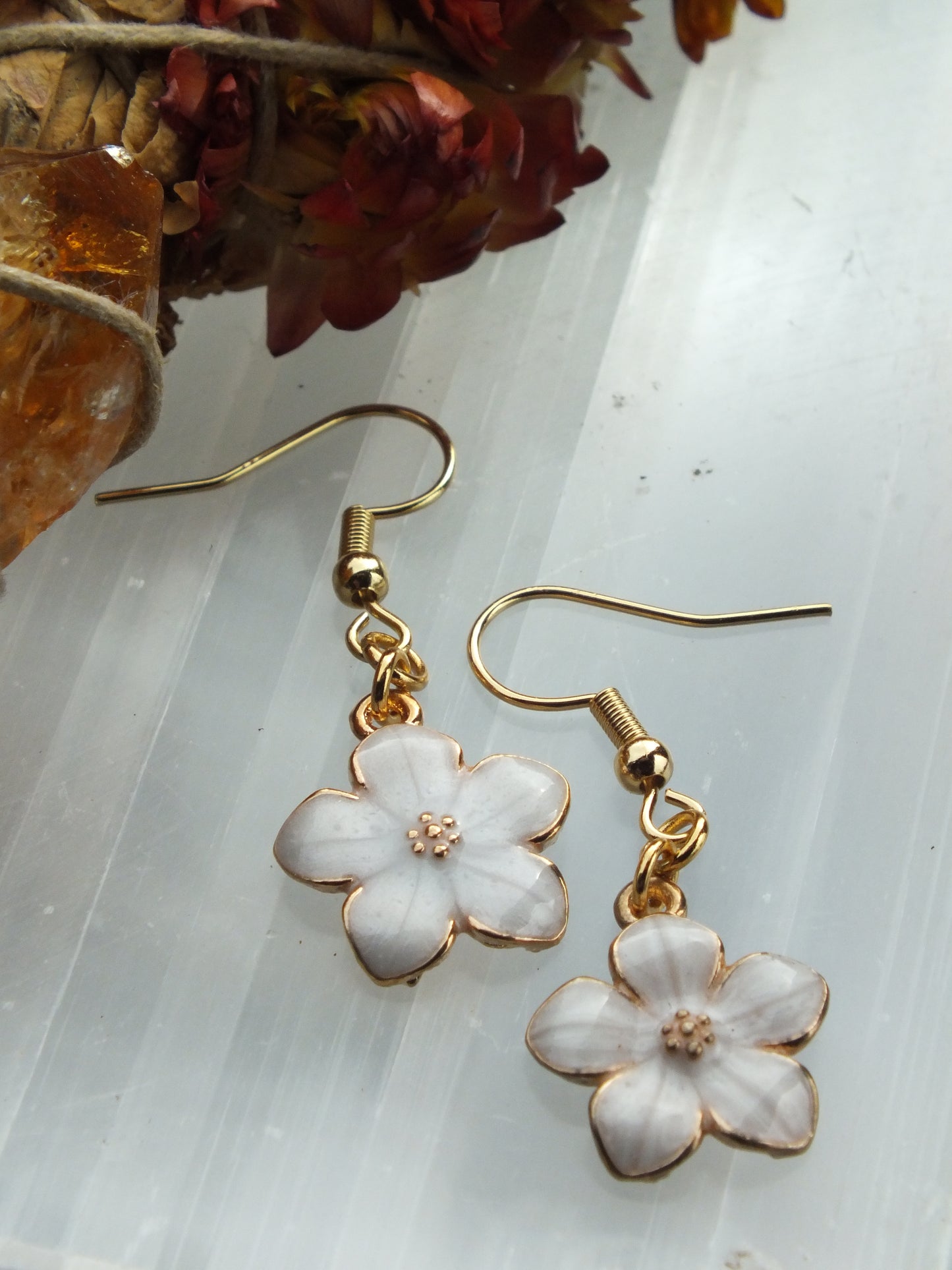 White Enamel Flower Earrings