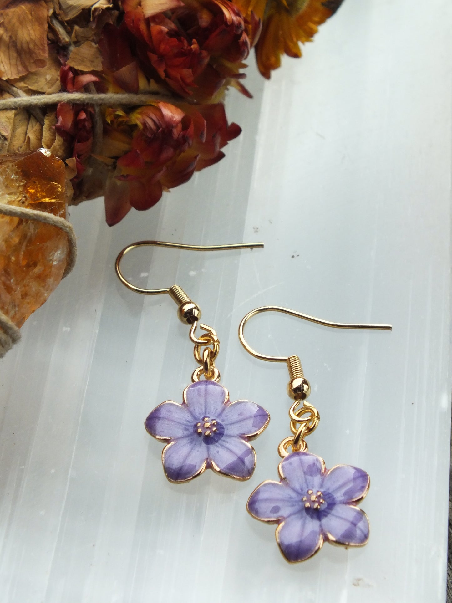 Purple Enamel Flower Earrings