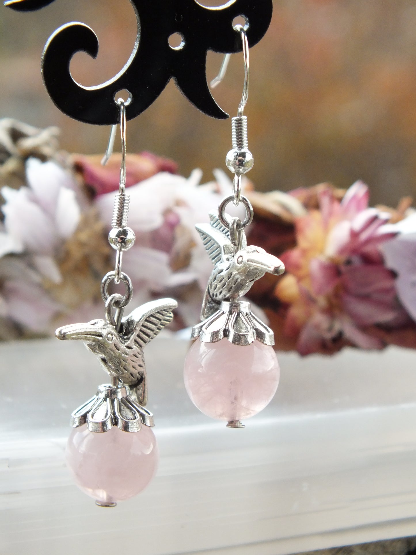 Hummingbird Charm Earrings - Rose Quartz