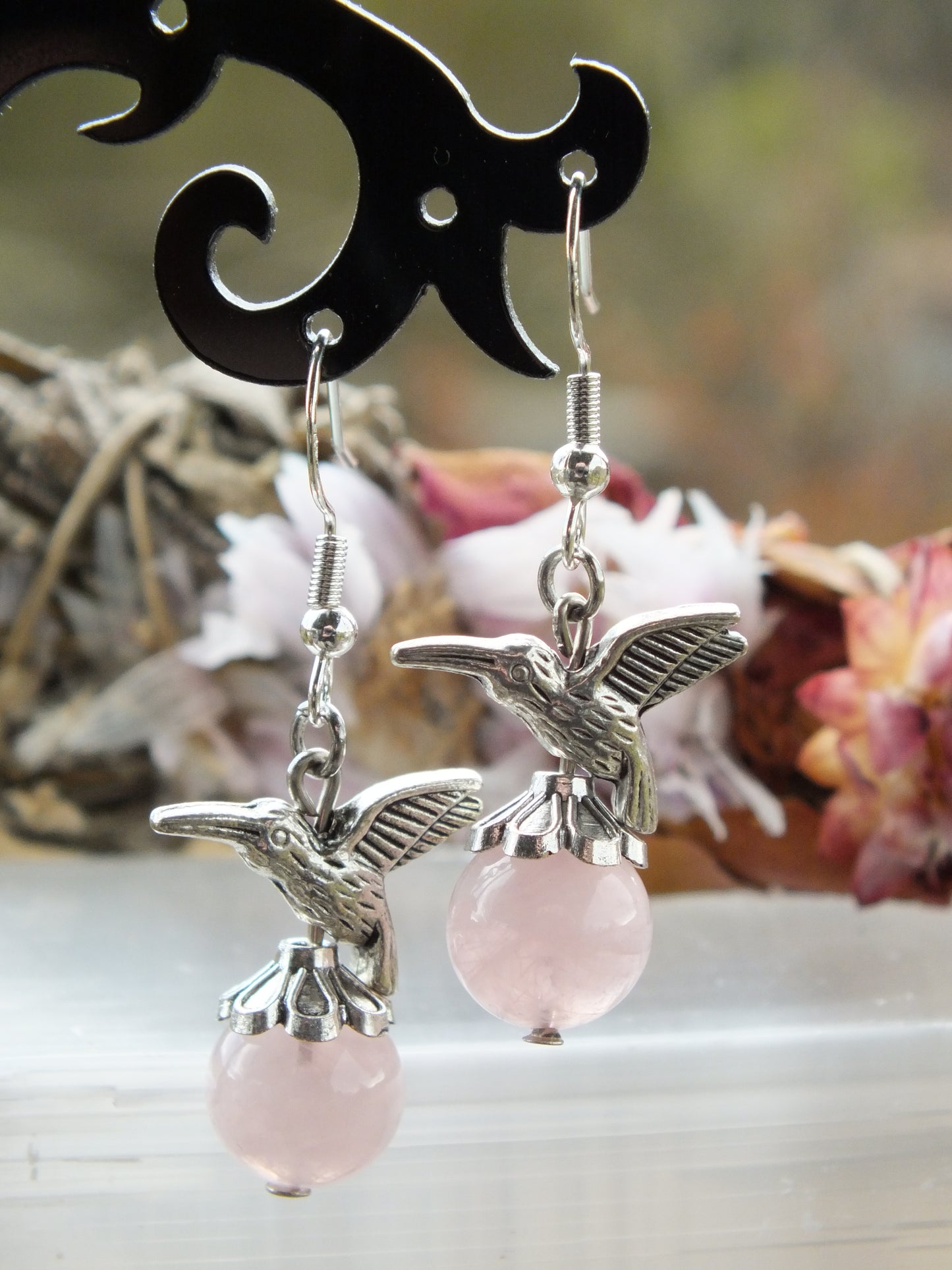 Hummingbird Charm Earrings - Rose Quartz