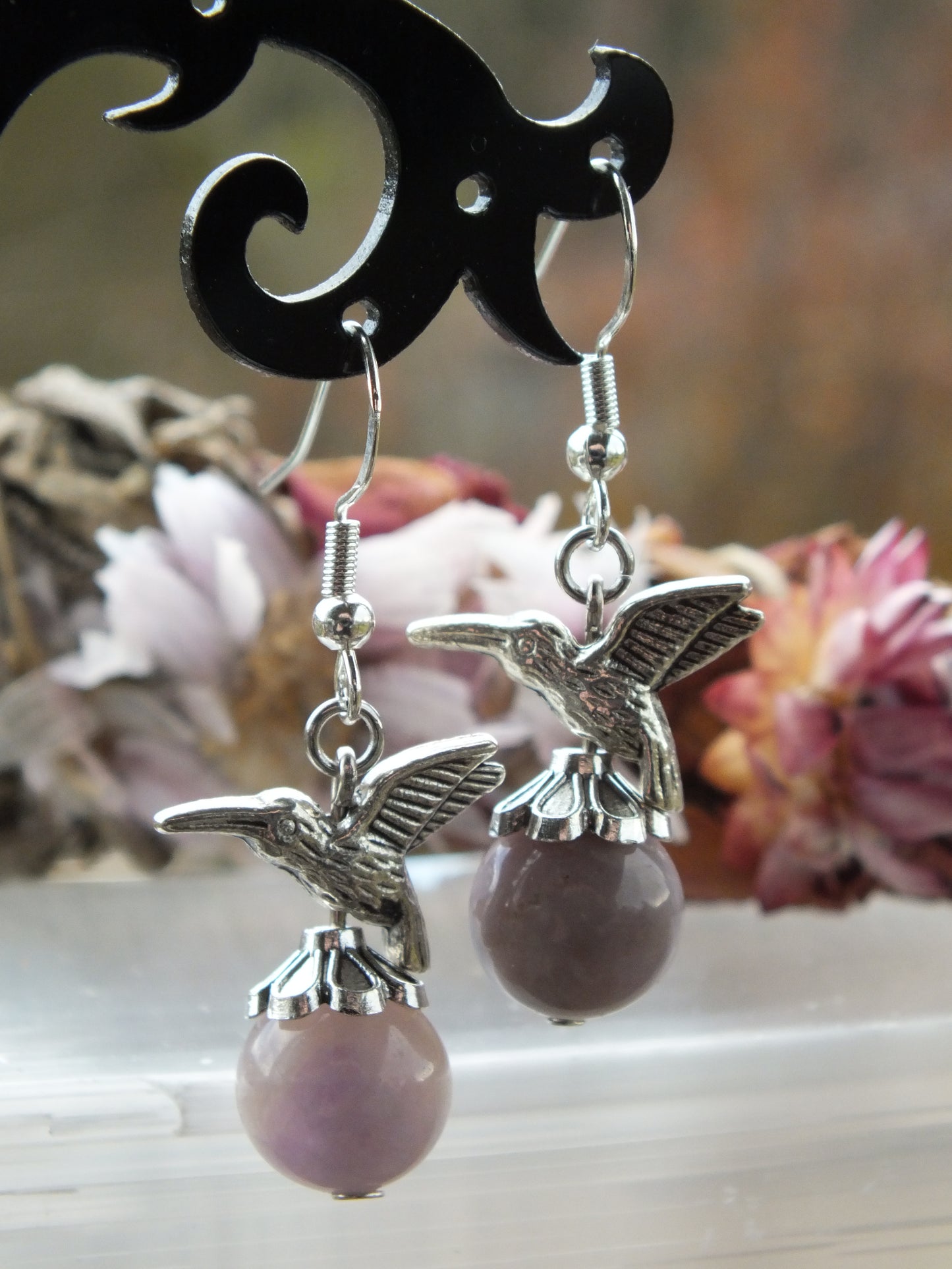 Hummingbird Charm Earrings - Frosted Amethyst