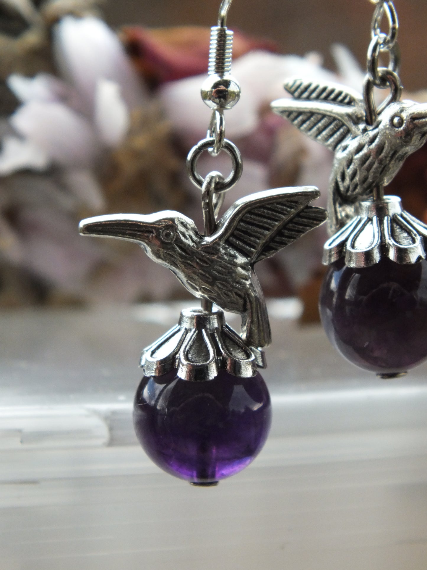 Hummingbird Charm Earrings - Amethyst