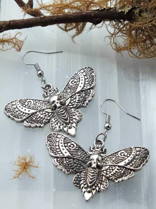 Metal Death Head Moth Earrings