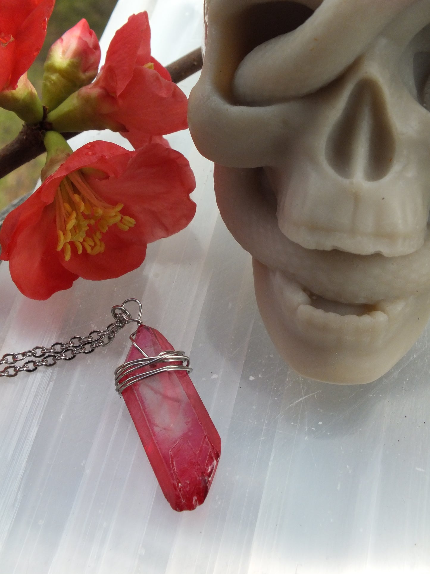 Wire Wrapped Red (Dyed) Quartz Crystal Necklace