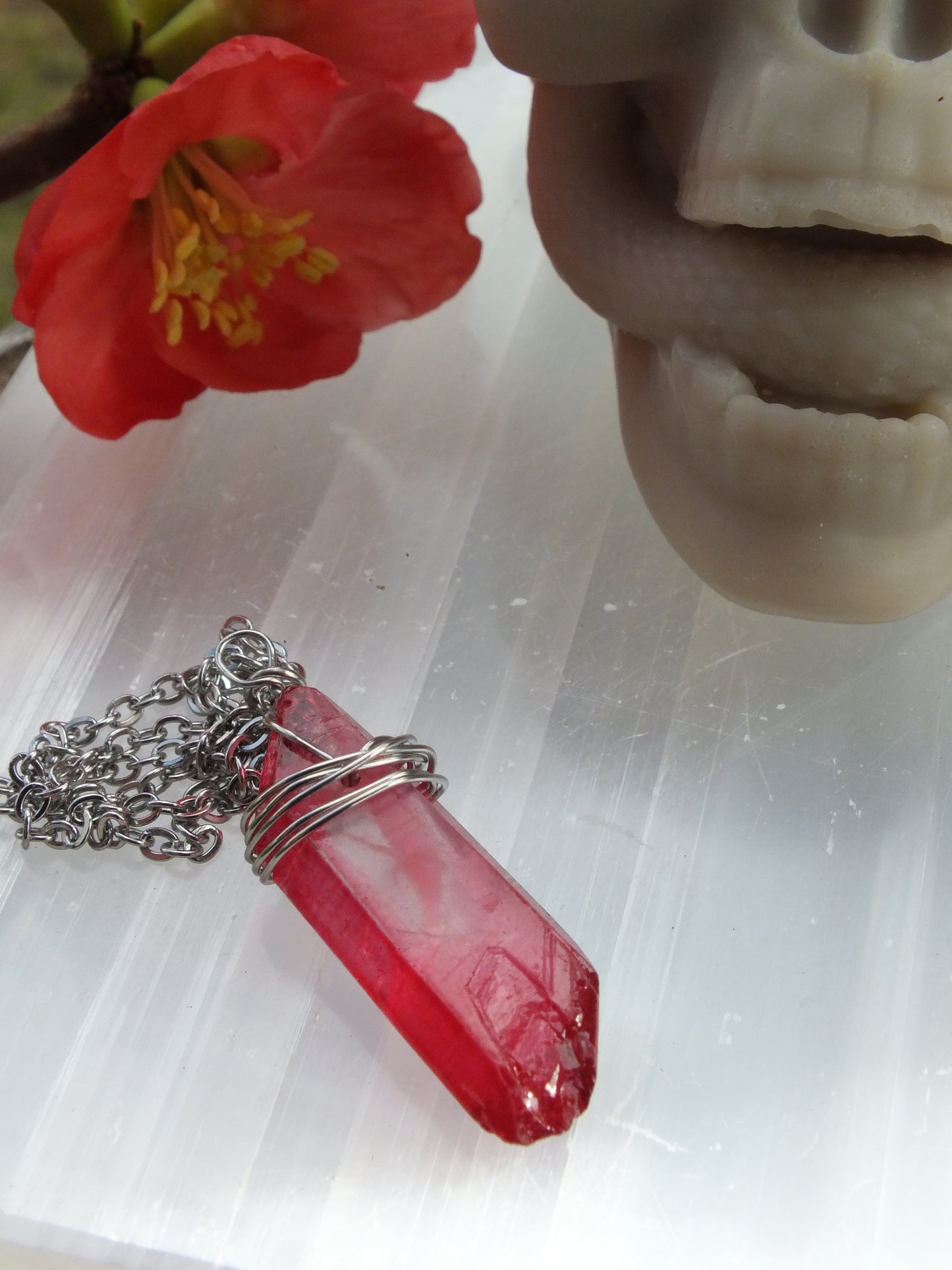 Wire Wrapped Red (Dyed) Quartz Crystal Necklace