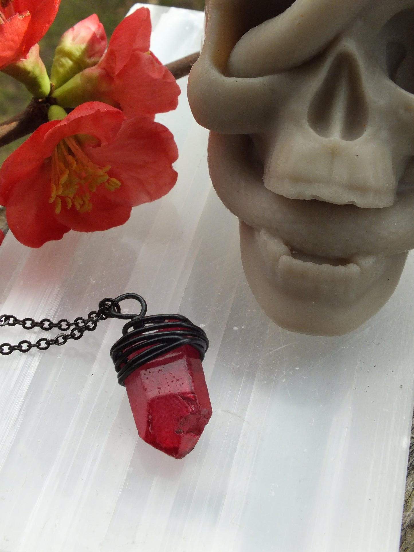 Wire Wrapped Red (Dyed) Quartz Crystal Necklace