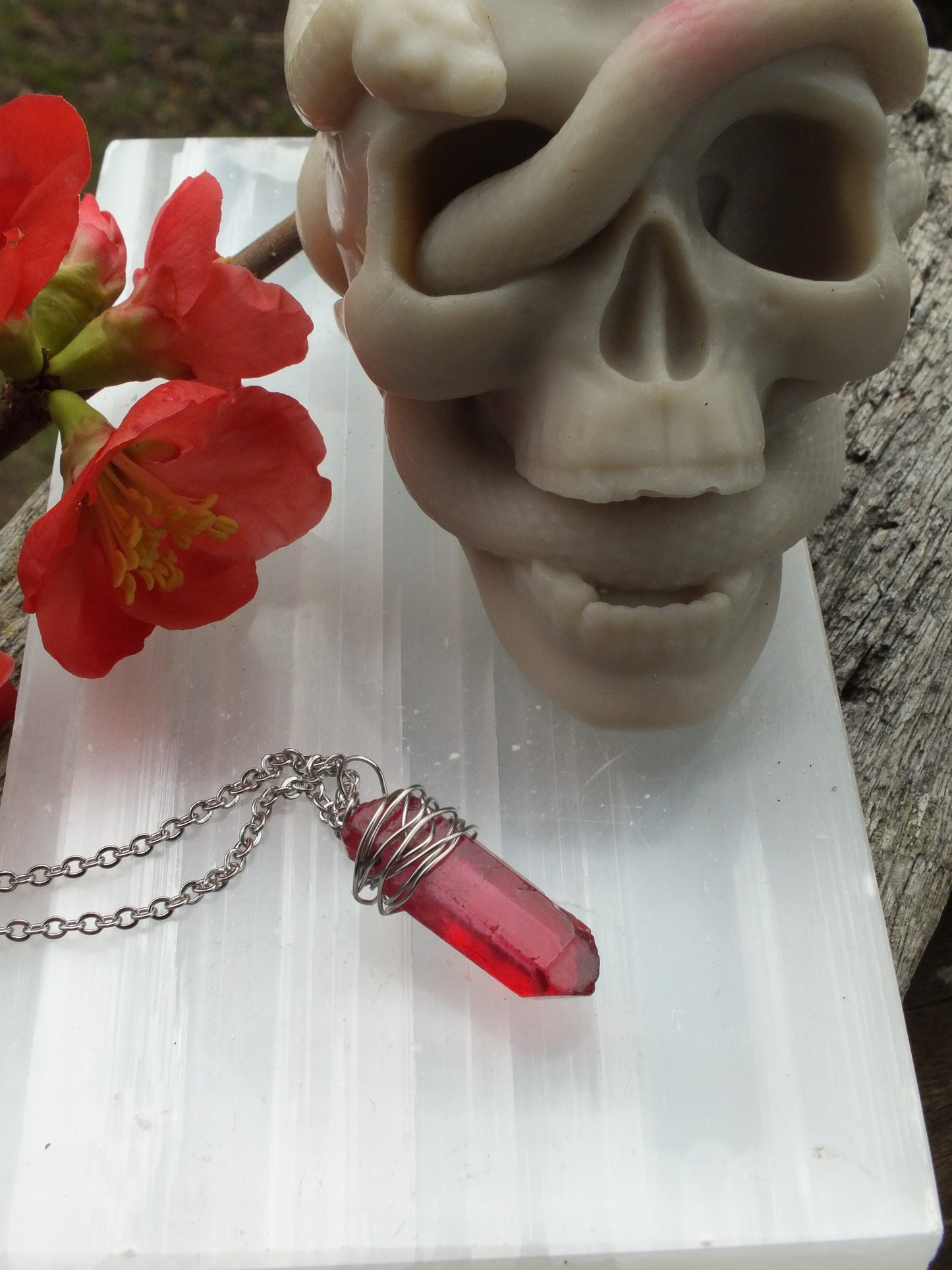 Wire Wrapped Red (Dyed) Quartz Crystal Necklace