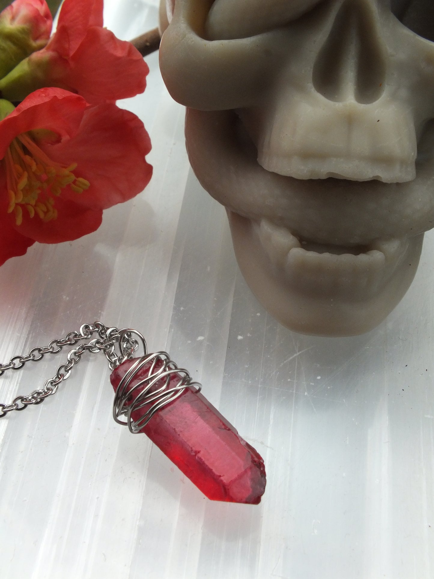 Wire Wrapped Red (Dyed) Quartz Crystal Necklace