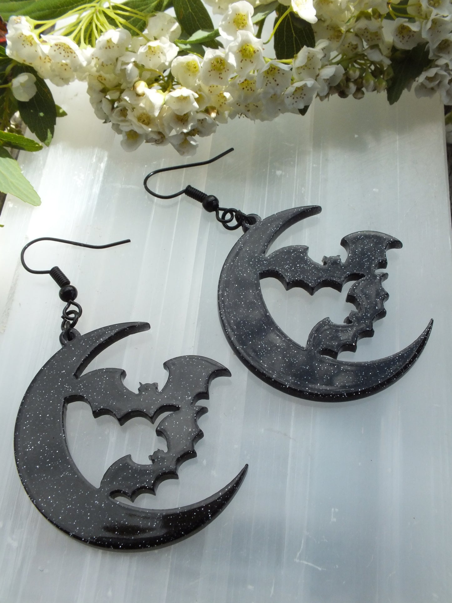 Black Stary Night Acrylic Bat Moon Earrings