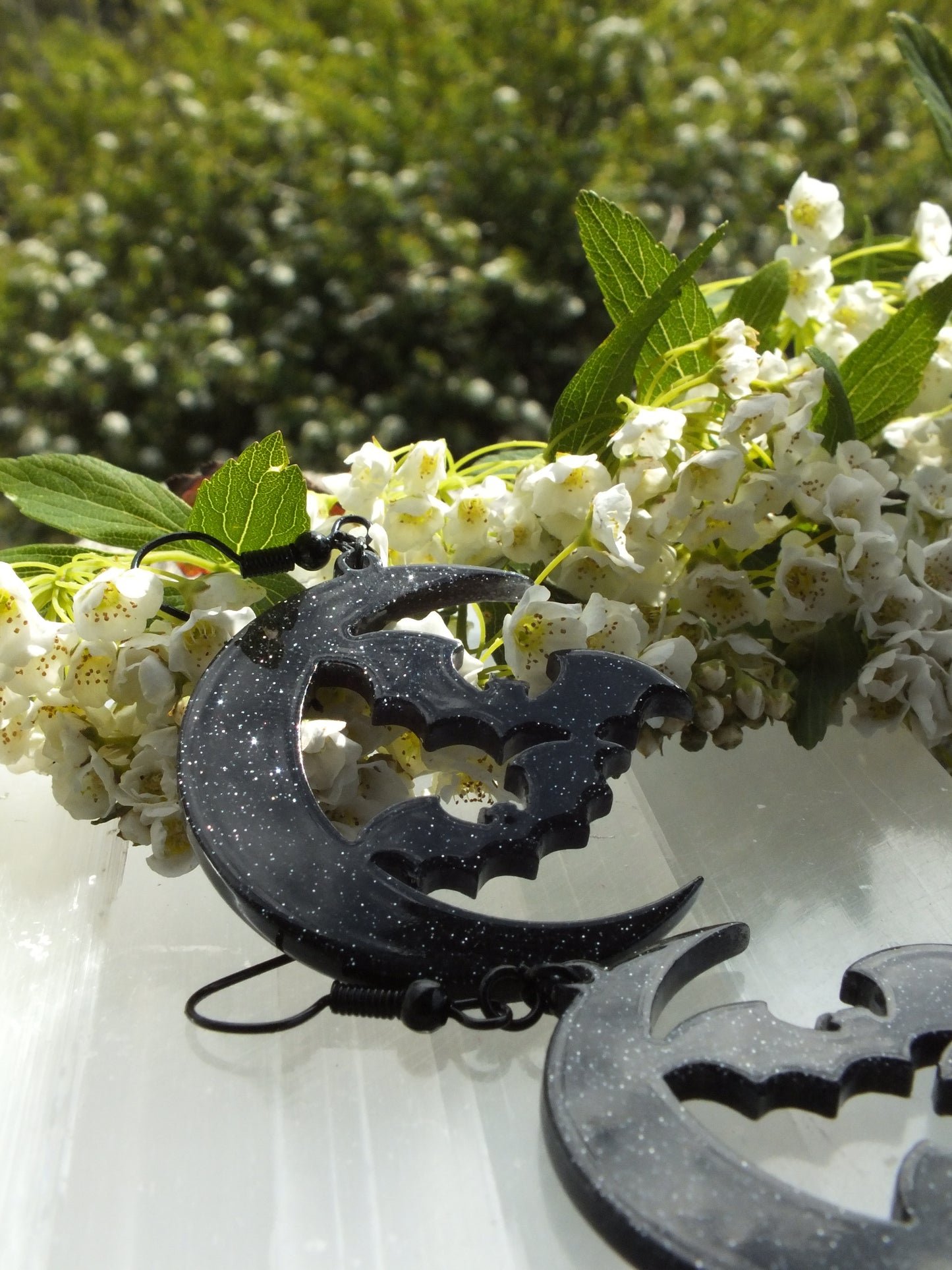 Black Stary Night Acrylic Bat Moon Earrings