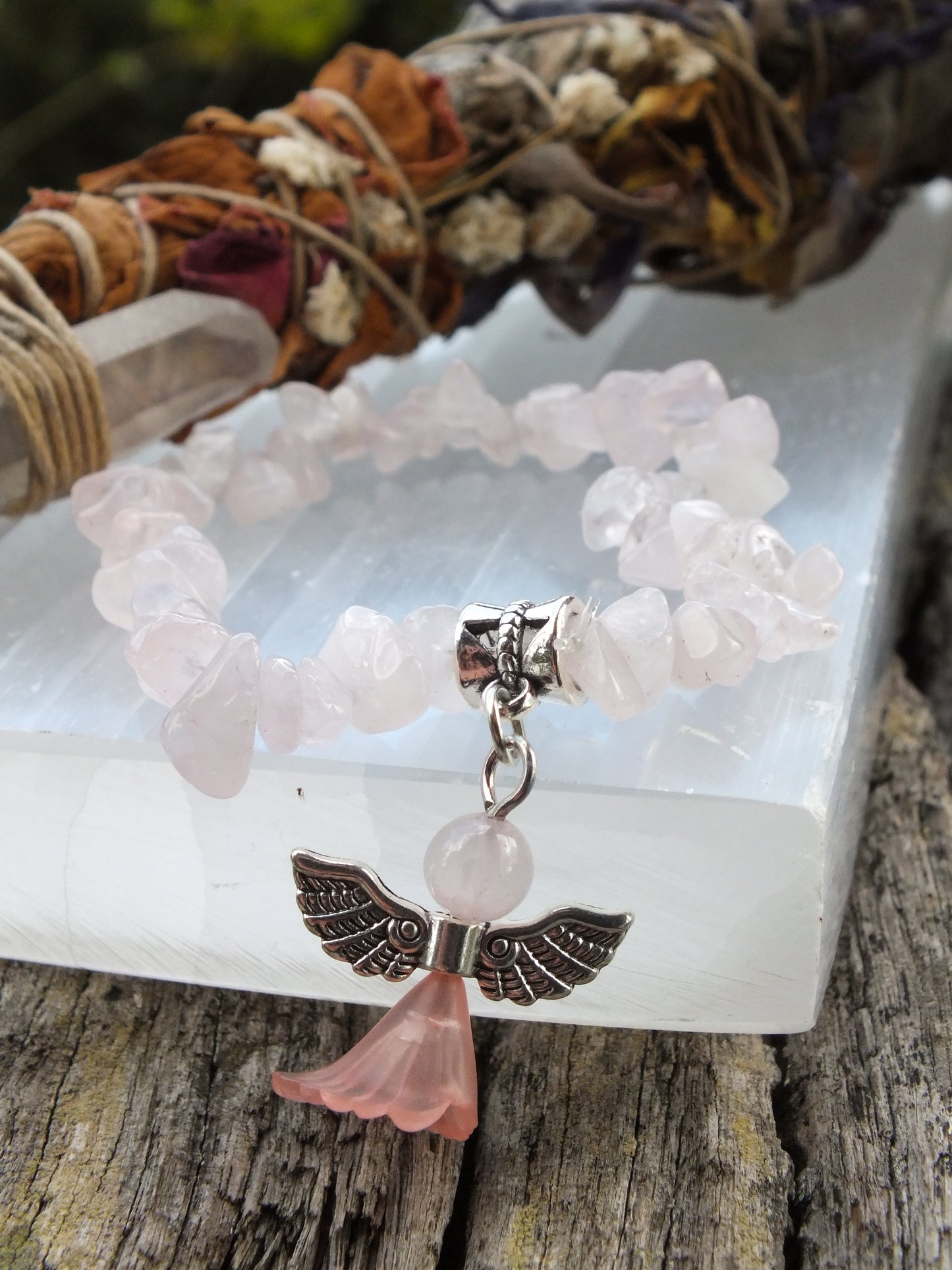 Angel Crystal Chip Bracelet - Rose Quartz