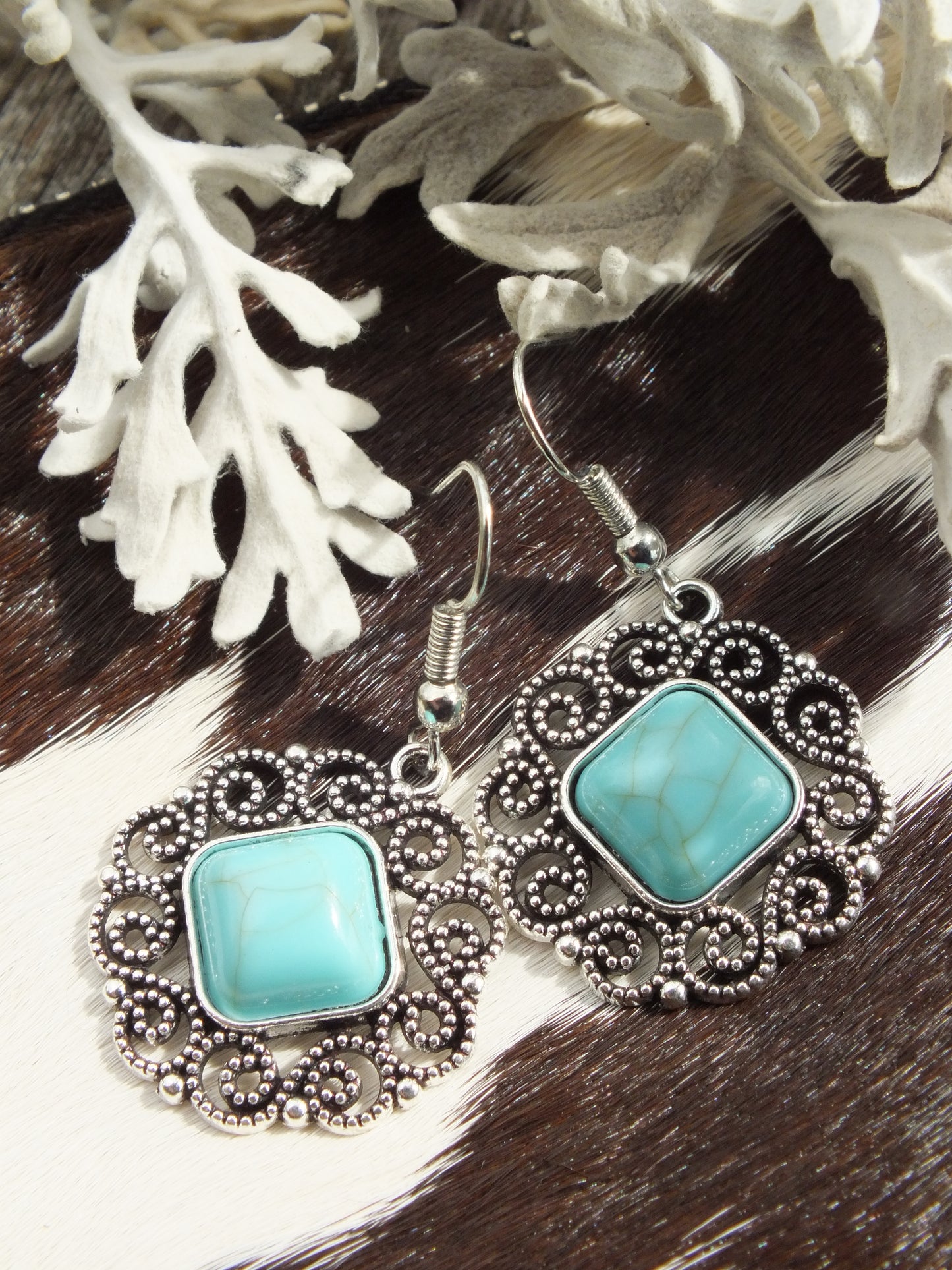 Synthetic Turquoise & Silver Metal Earrings
