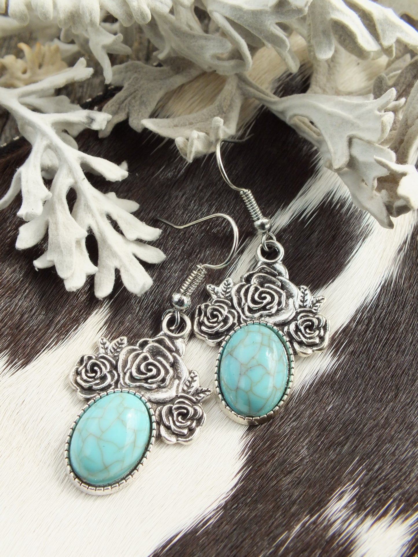 Synthetic Turquoise & Silver Metal Earrings