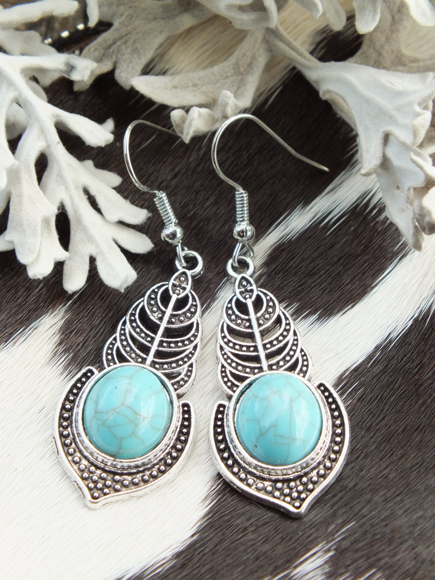 Synthetic Turquoise & Silver Metal Earrings