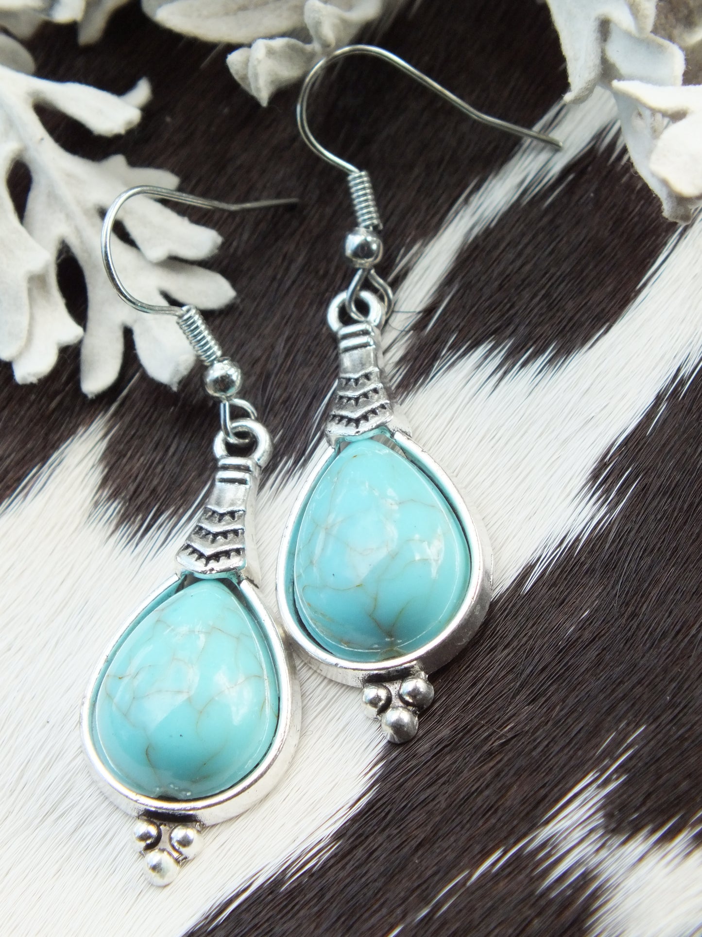 Synthetic Turquoise & Silver Metal Earrings