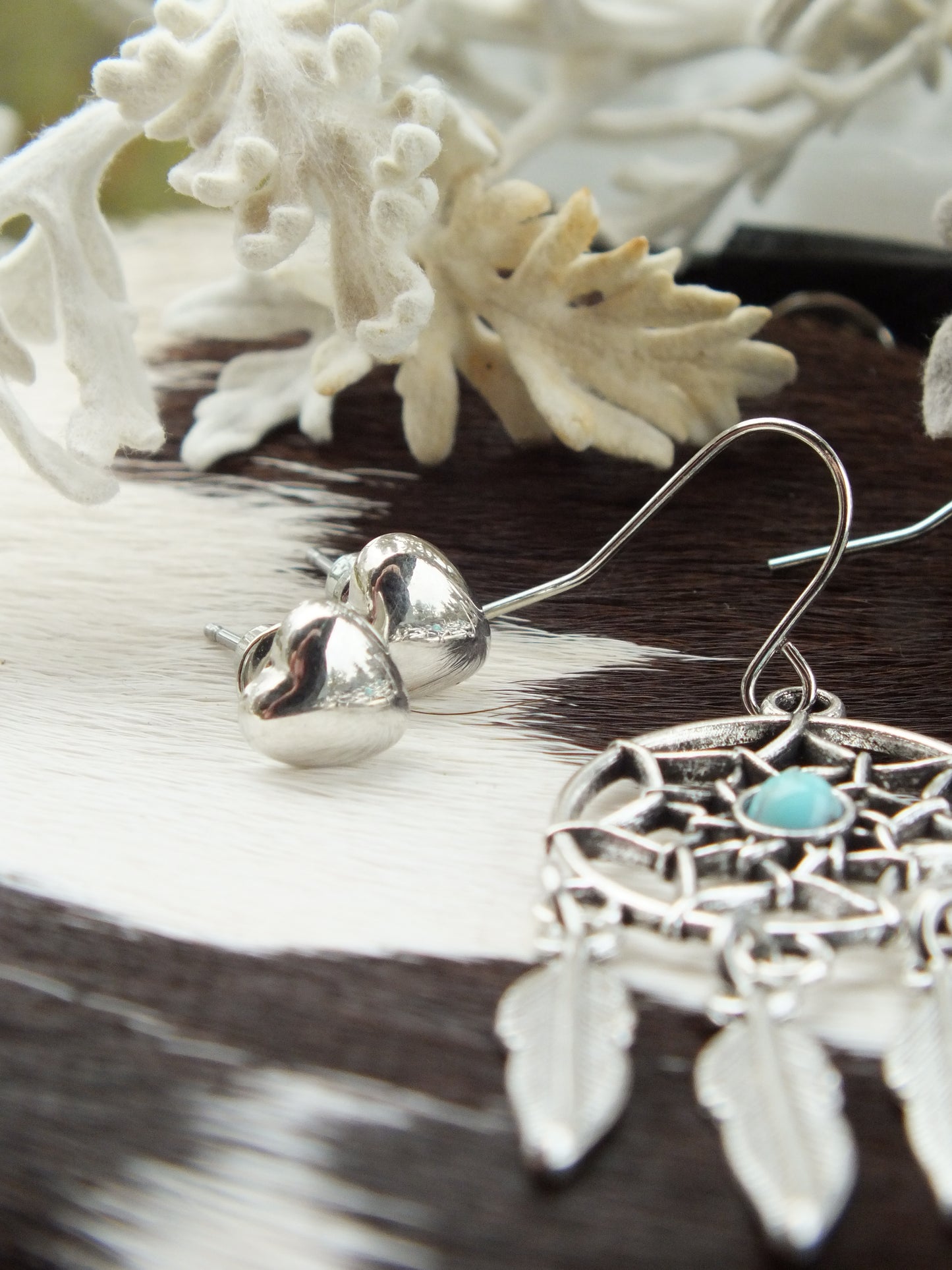 Synthetic Turquoise & Silver Metal Earring Set