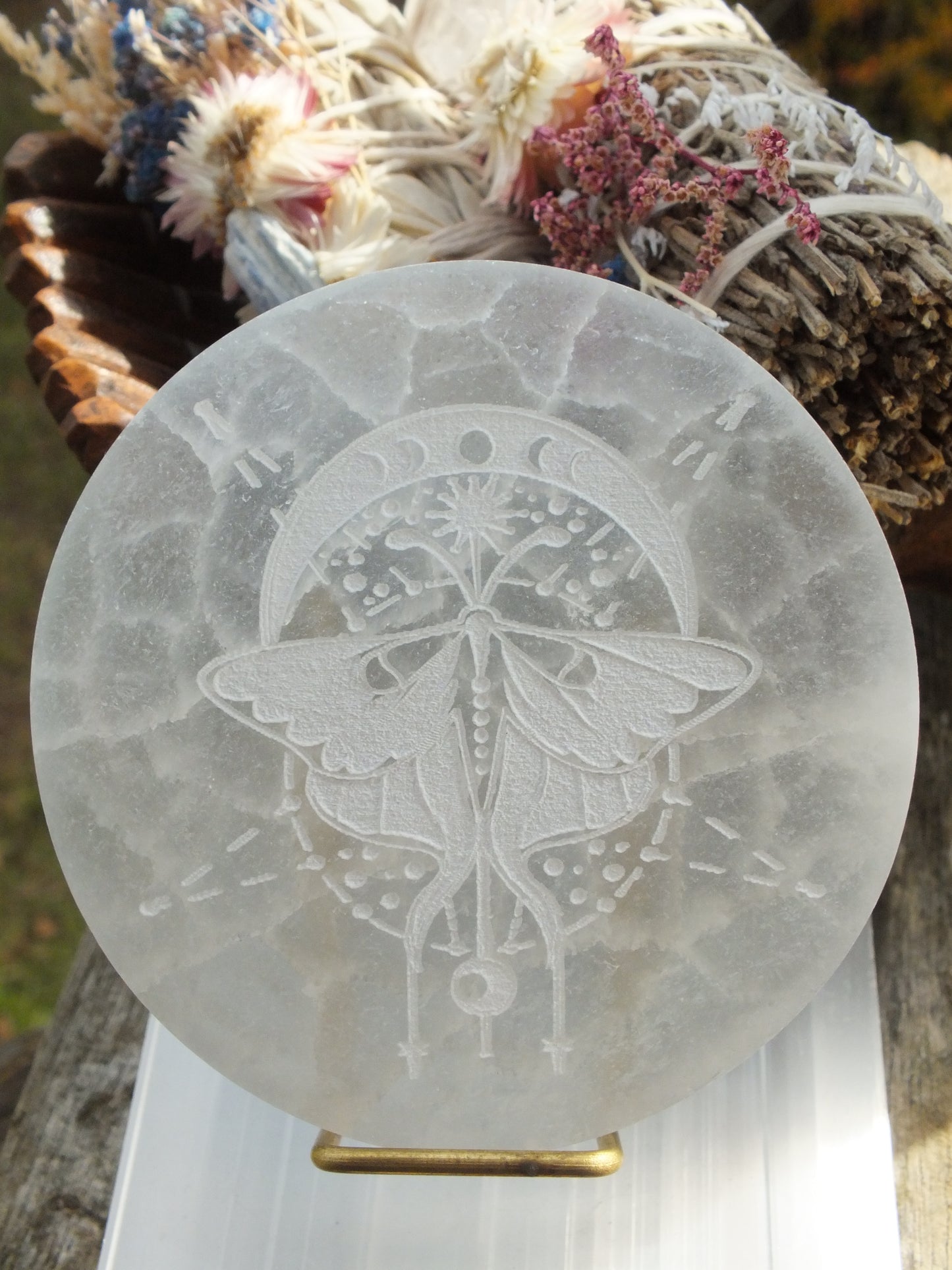 Luna Moth Etched Selenite Charging Plate