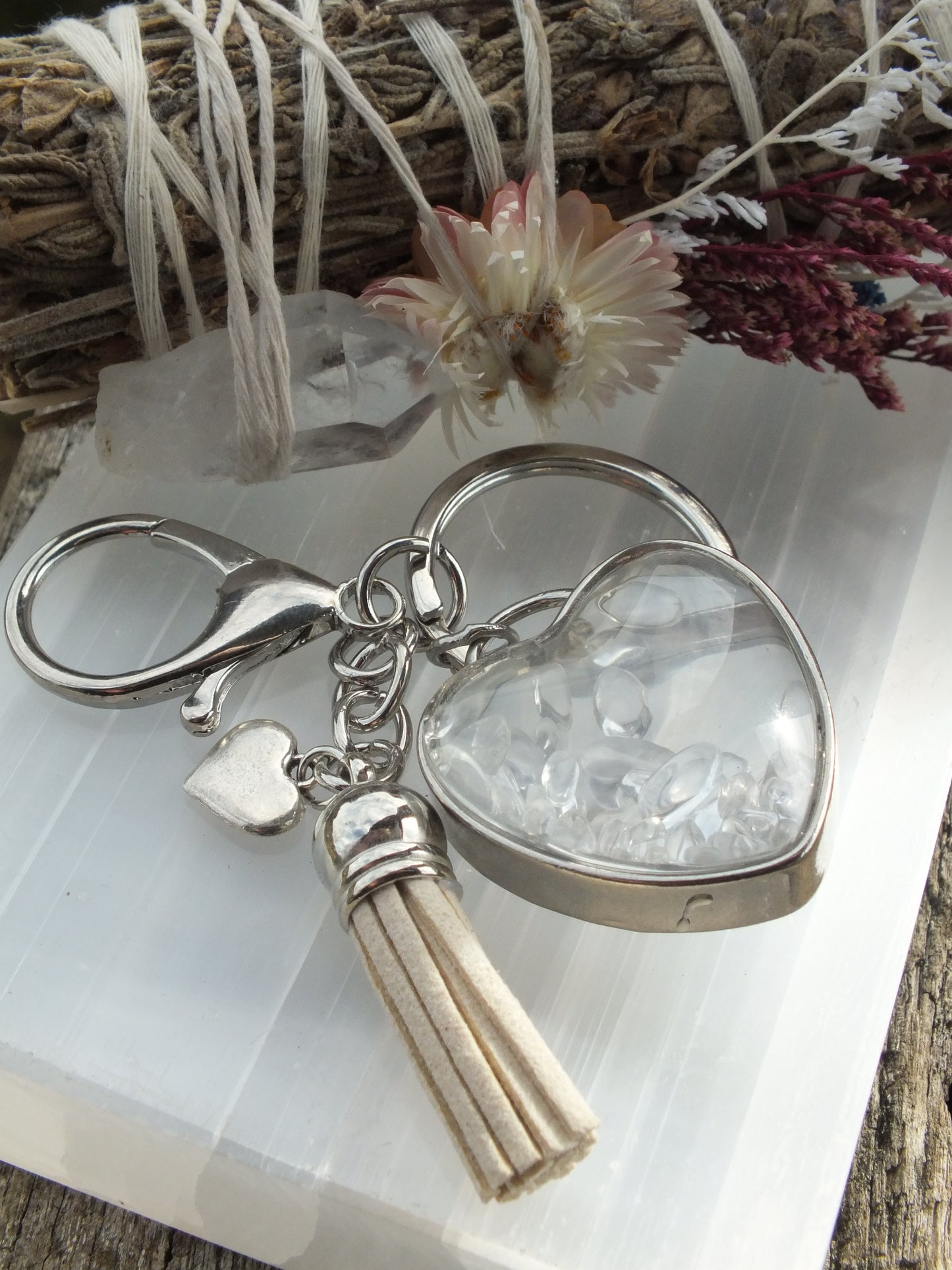 Clear Quartz Chip Heart Keyring With Tassel & Heart Charm