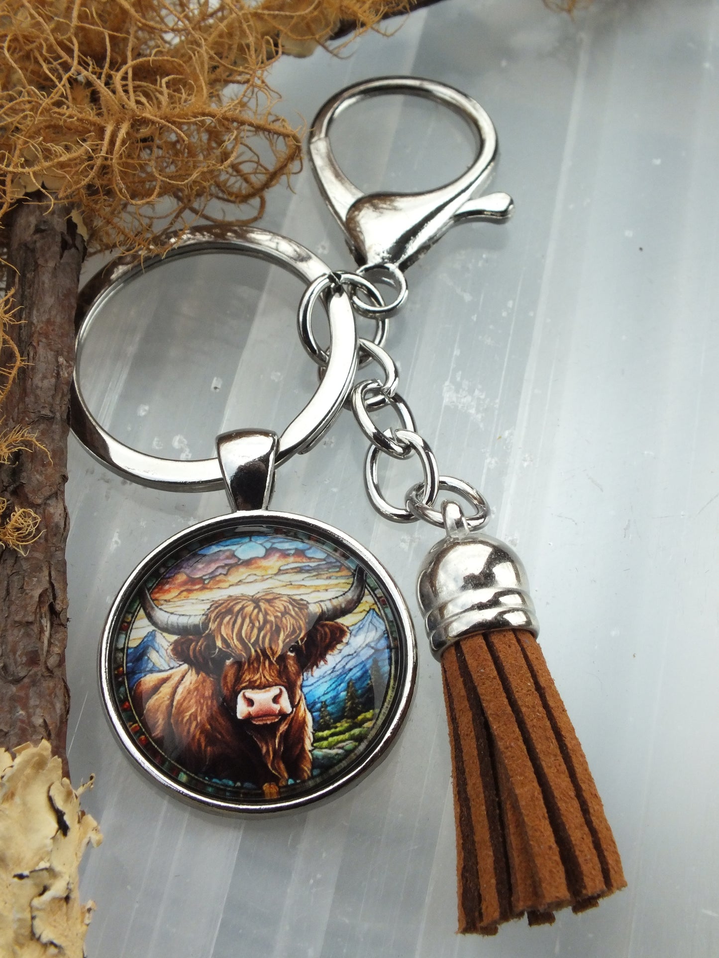 Stained Glass Style Highland Cow Cabochon Keyring