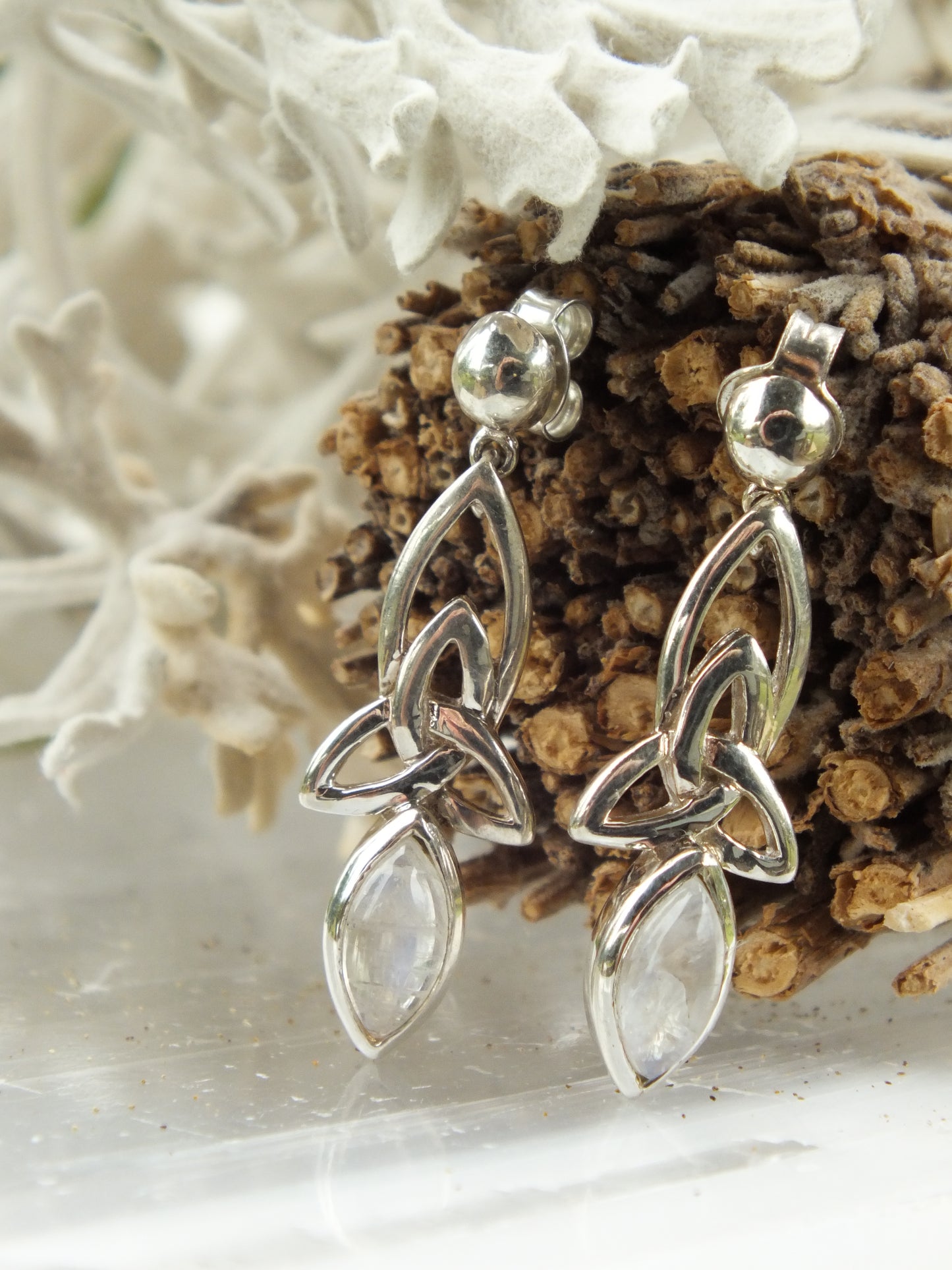 Sterling Silver Triquetra Moonstone Stud Earrings